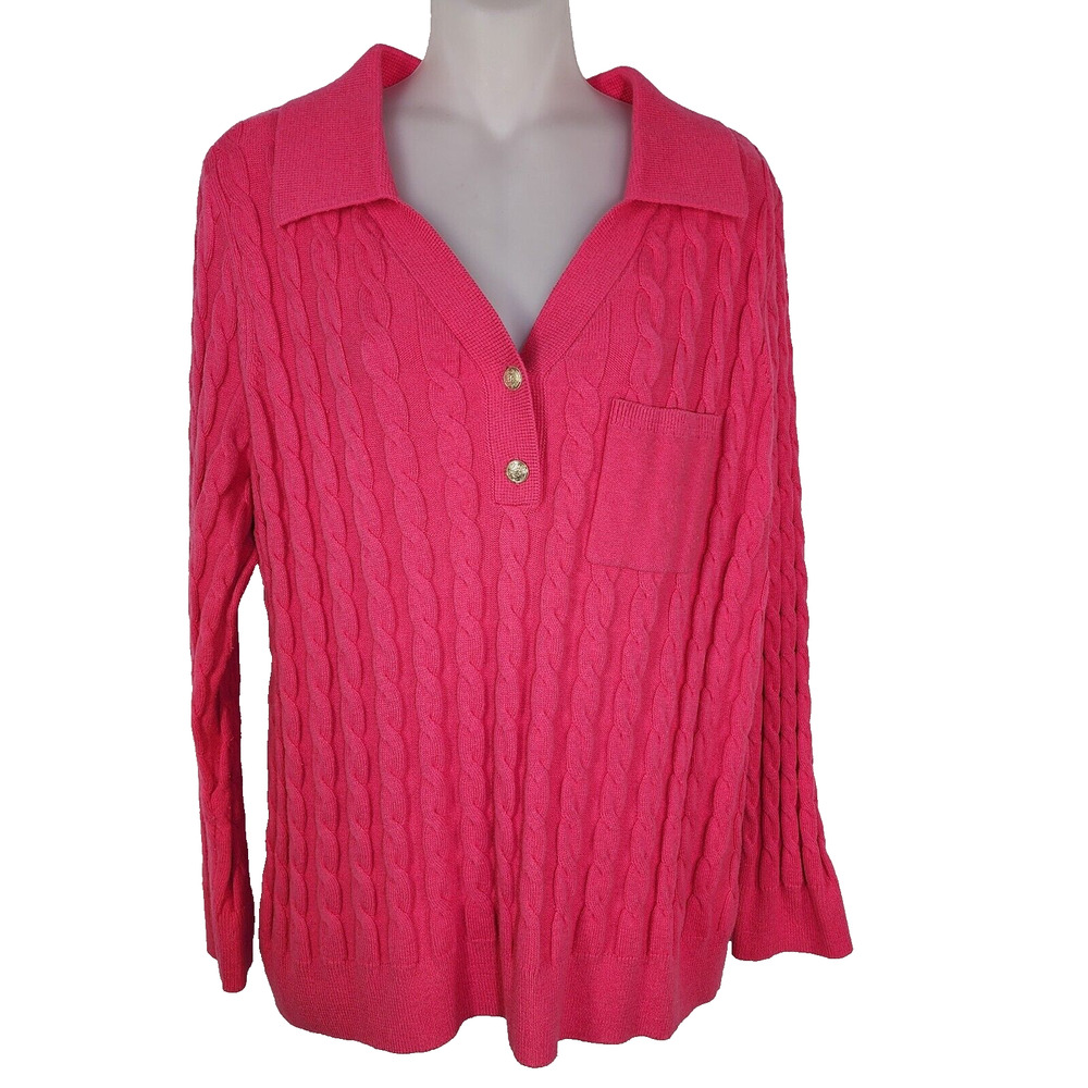 Talbots Plus Sweater Women Size 1X Cable Knit Johnny Collar Pink Pullover Pocket